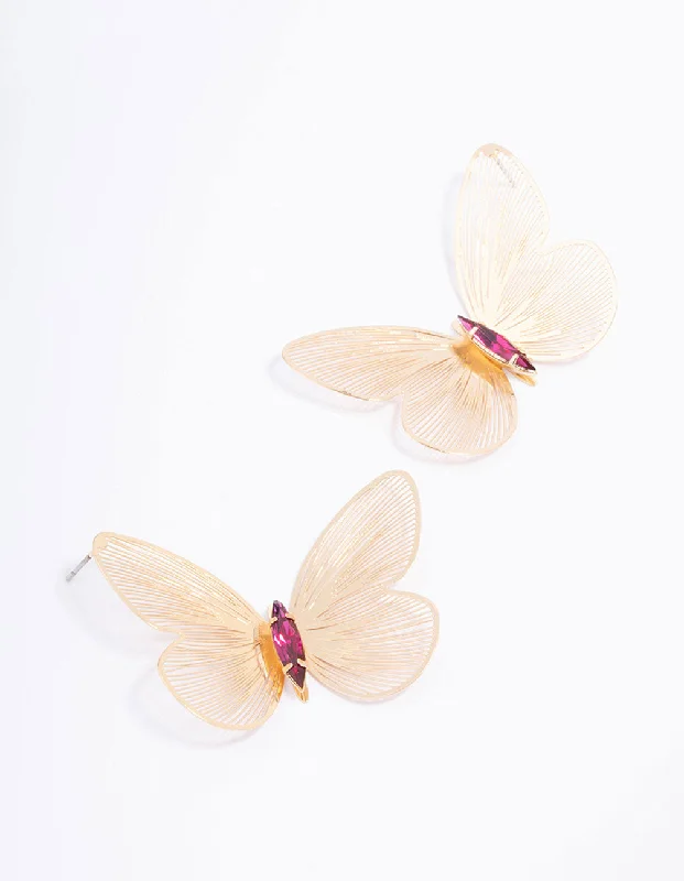 Gold Textured Butterfly Statement Stud Earrings