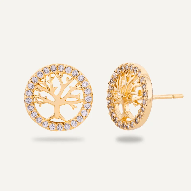 Keira Cubic Zirconia Tree of Life Stud Earrings In Gold-Tone