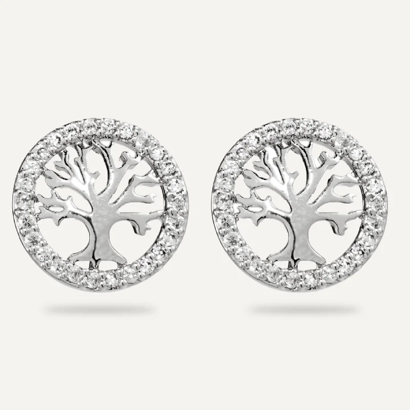 Keira Cubic Zirconia Tree of Life Stud Earrings In Silver-Tone