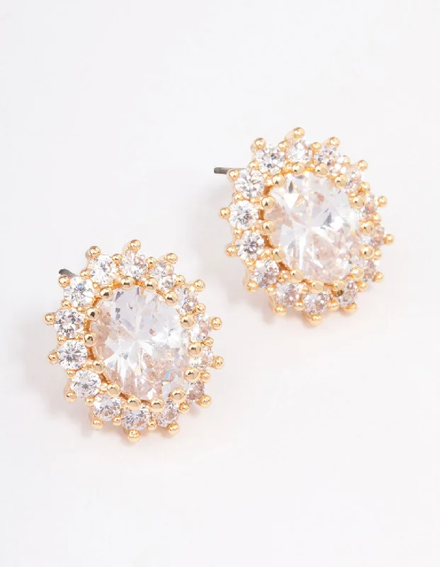 Gold Round Halo Stud Earrings