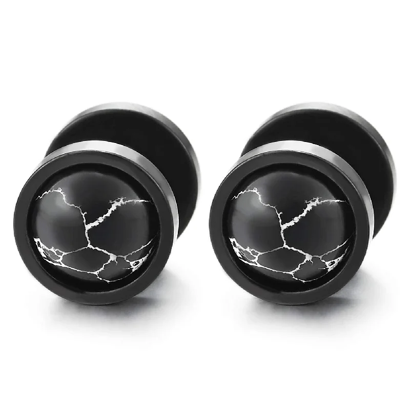 Men Women Black Circle Stud Earrings Black White Marble Gem Stone Ball, Steel Cheater Fake Ear Plugs