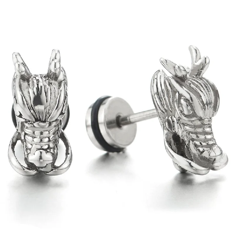 Mens Punk Rock Black Dragon Head Stud Earrings in Stainless Steel, Screw Back, 2 pcs