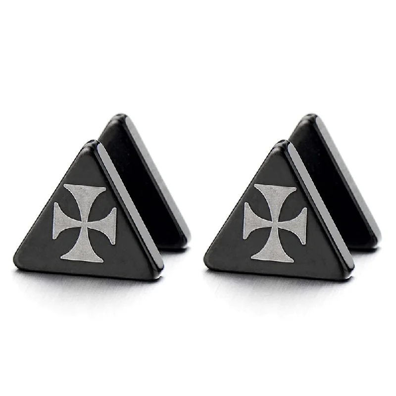 Mens Women Black Triangle Stud Earrings Stainless Steel Cheater Fake Ear Plugs Gauges with Cross, 2pcs