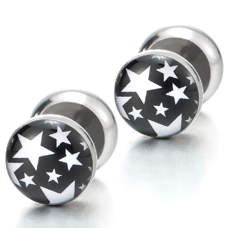 Mens Women Black White Pentagram Star Circle Stud Earrings, Steel Cheater Fake Ear Plug Gauge Tunnel