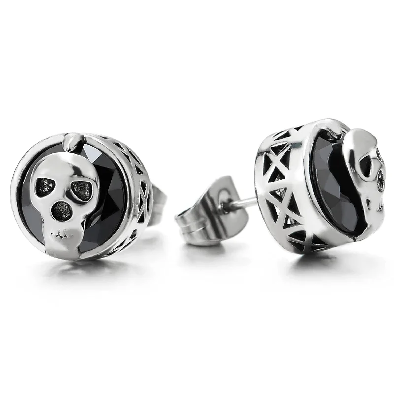 Mens Women Steel Vintage Skull Circle Dome Stud Earrings with Black Faceted CZ, Gothic Rock, 2 pcs