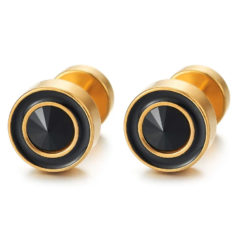 Mens Womens Gold Circle Stud Earrings with Black Enamel and Spiked CZ, Steel Cheater Fake Ear Plugs