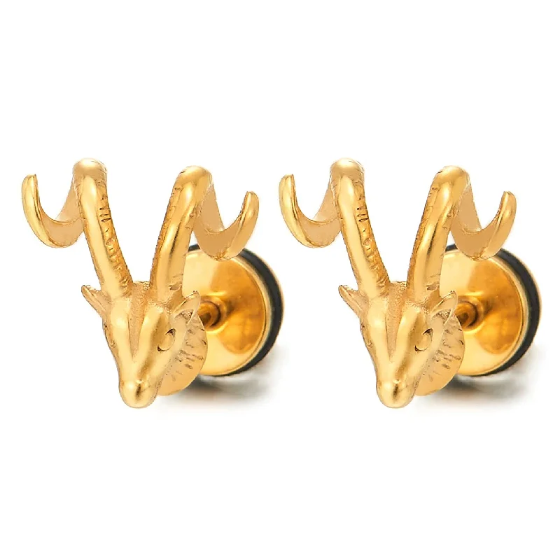 Mens Womens Gold Color Goat Horn Stud Earrings in Stainless Steel, Screw Back, 2 pcs