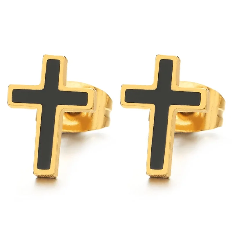 Mens Womens Stainless Steel Flat Cross Stud Earrings with Black Enamel, 2 pcs