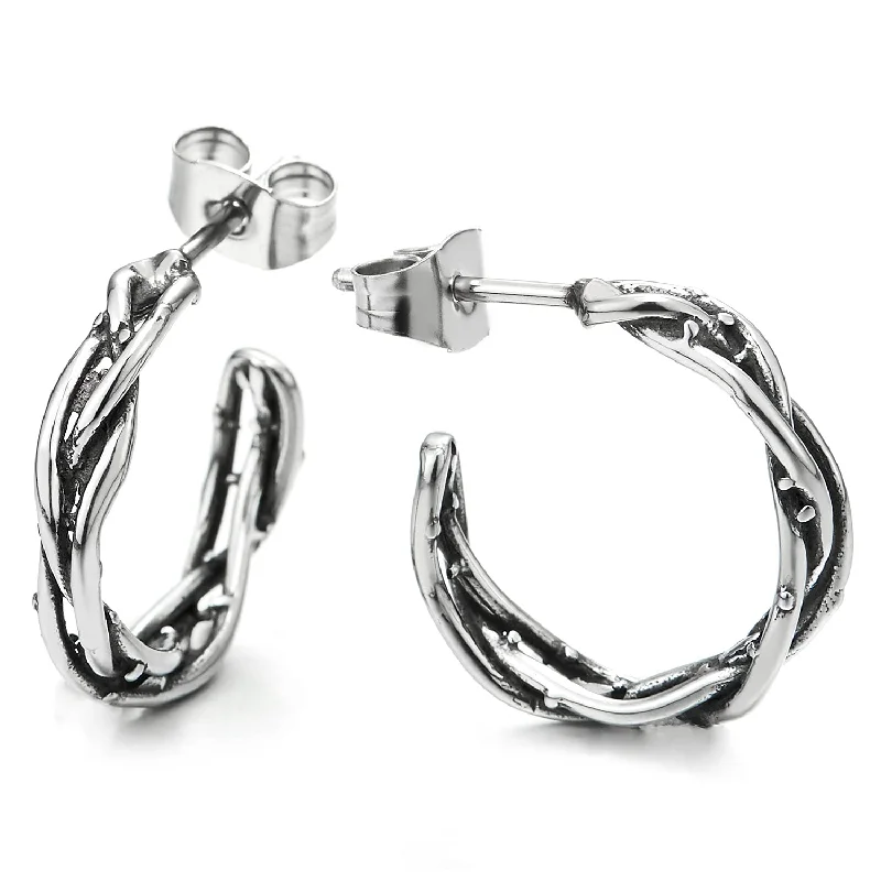 Mens Womens Stainless Steel Half Vintage Braided Knot Hook Stud Earrings, Unique, 2 pcs