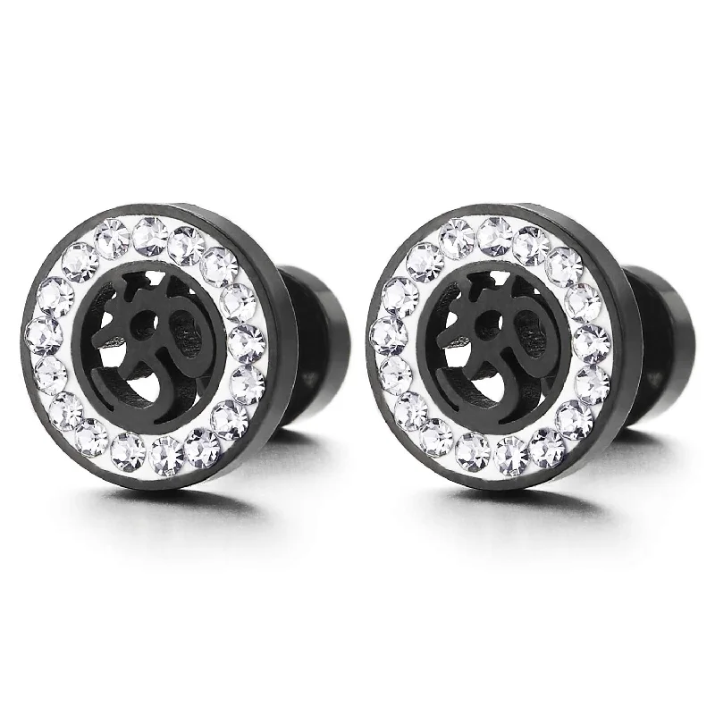 Mens Womens Steel Black White Zen Yoga Om Aum Symbol Circle Stud Earring Cubic Zirconia, Screw Back