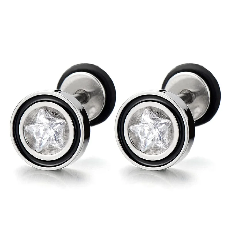 Mens Womens Stud Earrings Steel Illusion Tunnel Plug Screw Back with Star Shape Cubic Zirconia, 2pcs