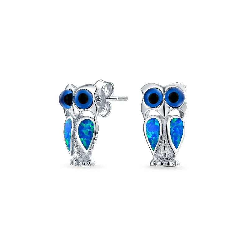 Opalescent Blue Created Opal Owl Stud Earrings Sterling Silver Birthstone