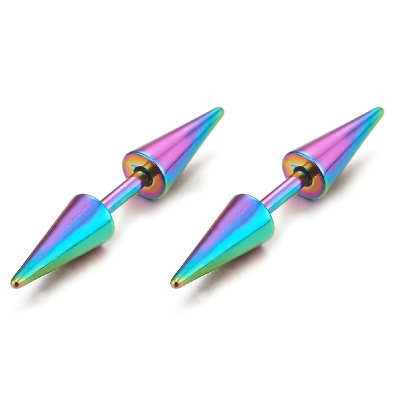 Oxidized Rainbow Double Spike Stud Earrings for Men Women, Steel Cheater Fake Ear Plugs Gauges