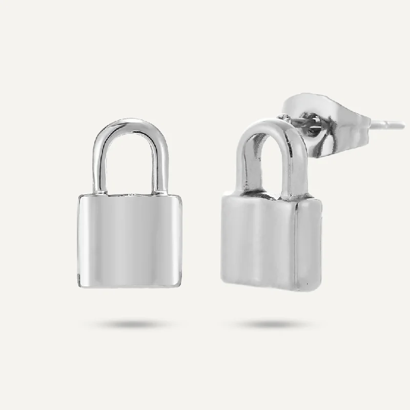 Padlock Stud Earrings In Silver-Tone