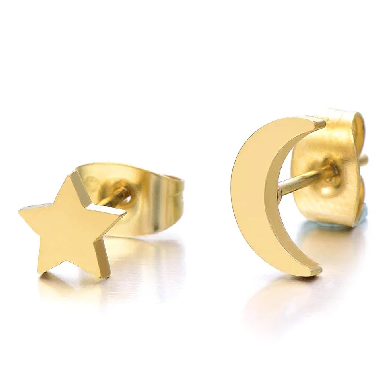 Pair Gold Color Moon and Star Stainless Steel Plain Stud Earrings for Women and