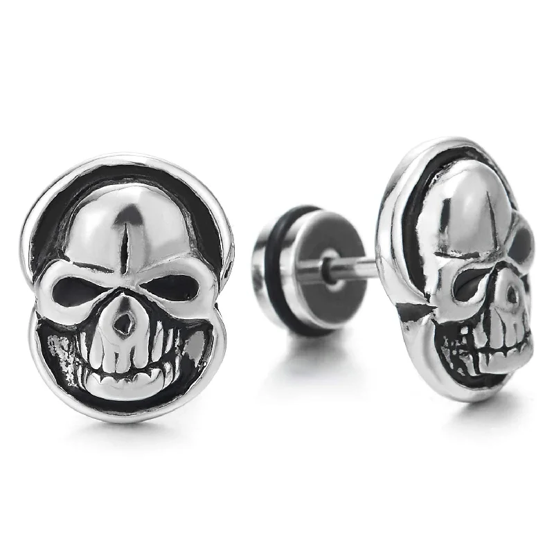 Pair Gothic Punk Biker Mens Vintage Stainless Steel Frame Skull Stud Earrings, Screw Back