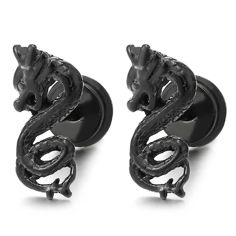 Pair Mens Stainless Steel Black Dragon Stud Earrings, Screw Back