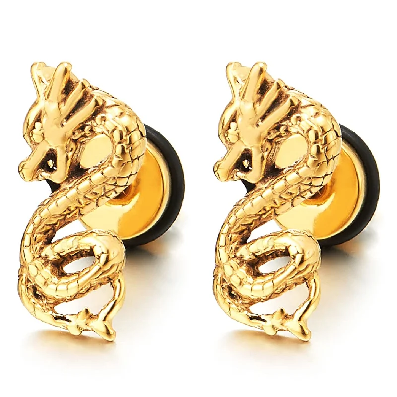 Pair Mens Stainless Steel Gold Color Dragon Stud Earrings, Screw Back