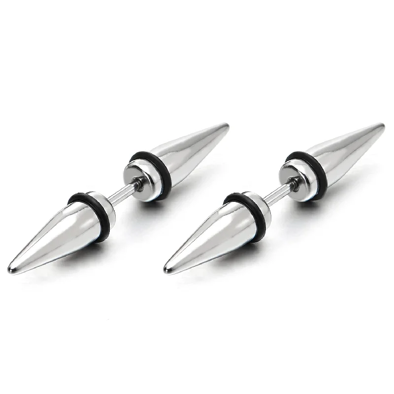 Pair Mens Womens Double Spike Stud Earrings in Stainless Steel, Cheater Fake Ear Plugs Gauges