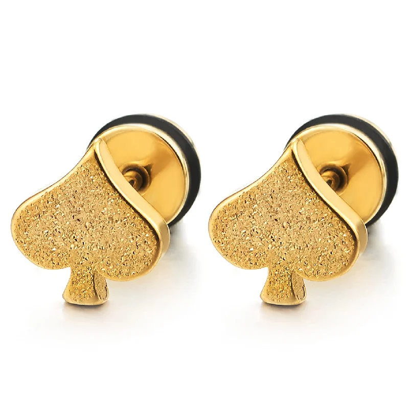 Pair Mens Womens Gold Satin Spade Stud Earrings Stainless Steel, Screw Back, Unique