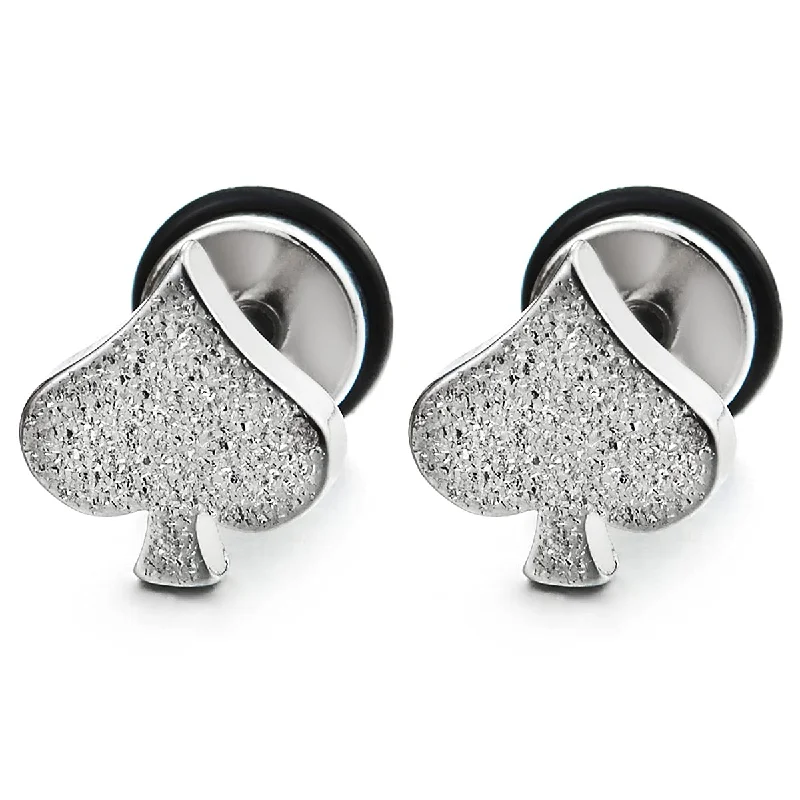 Pair Mens Womens Satin Spade Stud Earrings Stainless Steel, Screw Back, Unique