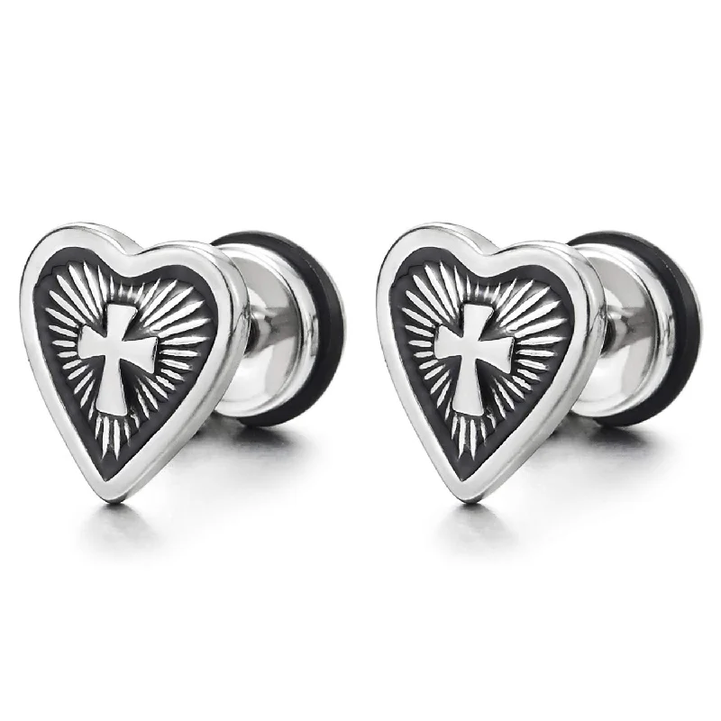 Pair Stainless Steel Womens Vintage Sun Ray Cross Heart Stud Earrings, Screw Back, Unique