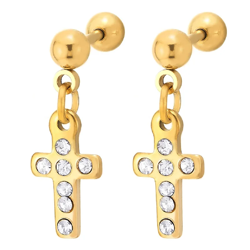 Pair Steel Gold Color Ball Barbell Stud Earrings, Dangling Cross with Cubic Zirconia, Mens Womens