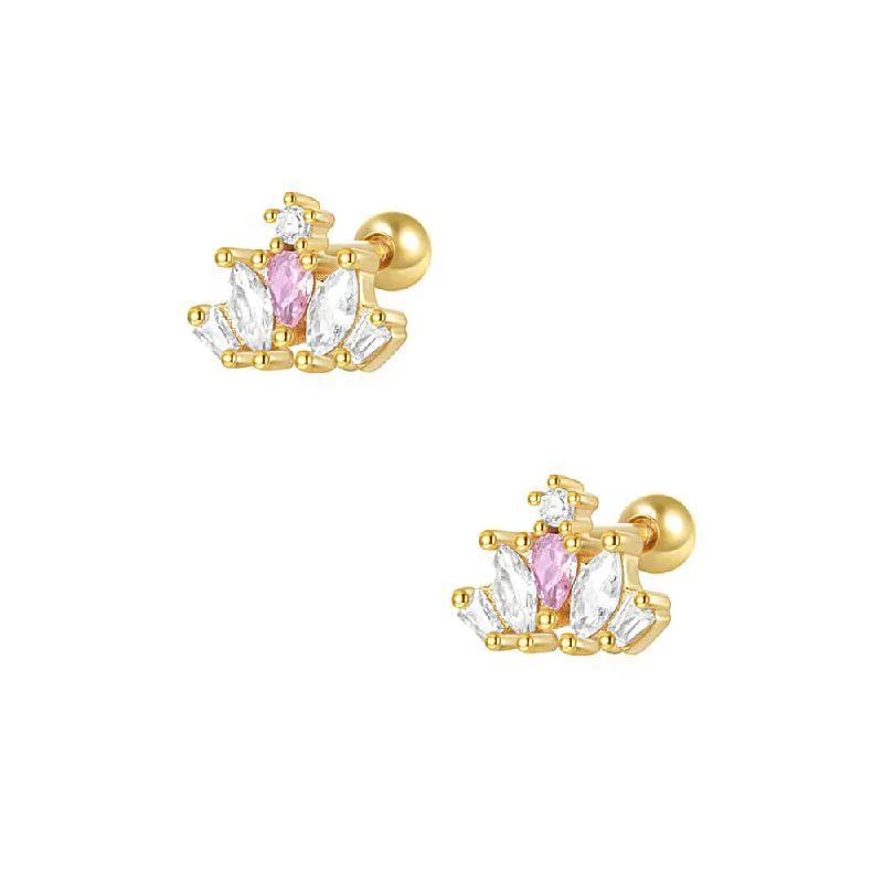 Pink Crown And White CZ Diamond Ball Back Earrings In 925 Silver