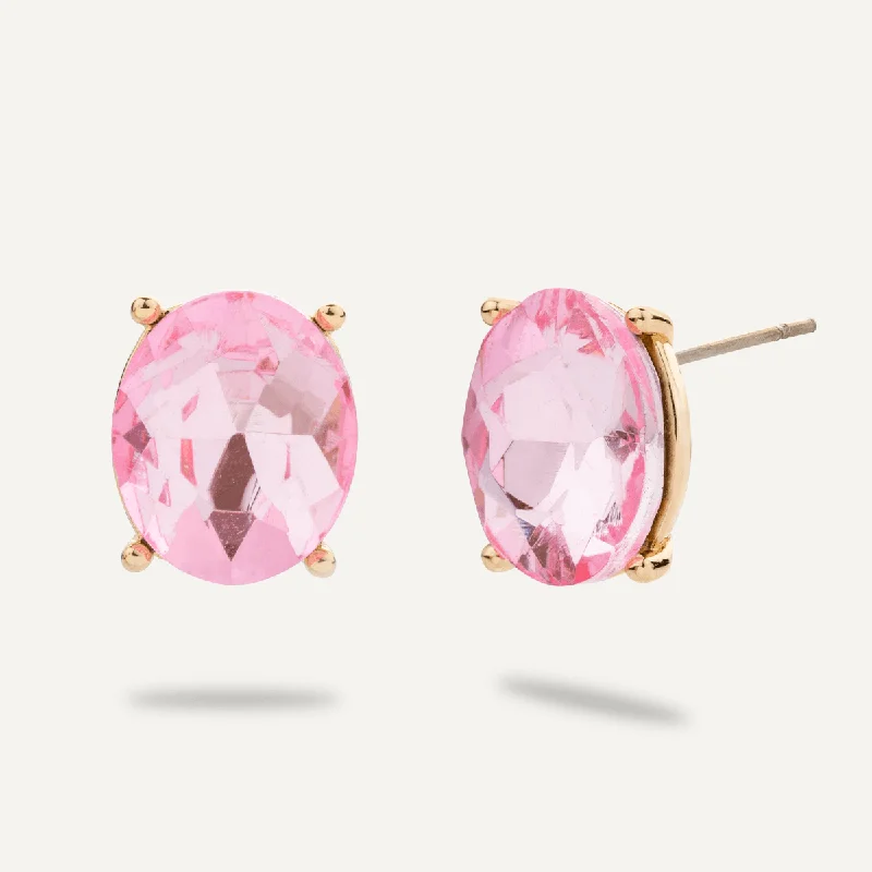 Pink Crystal Stud Earrings In Gold-Tone