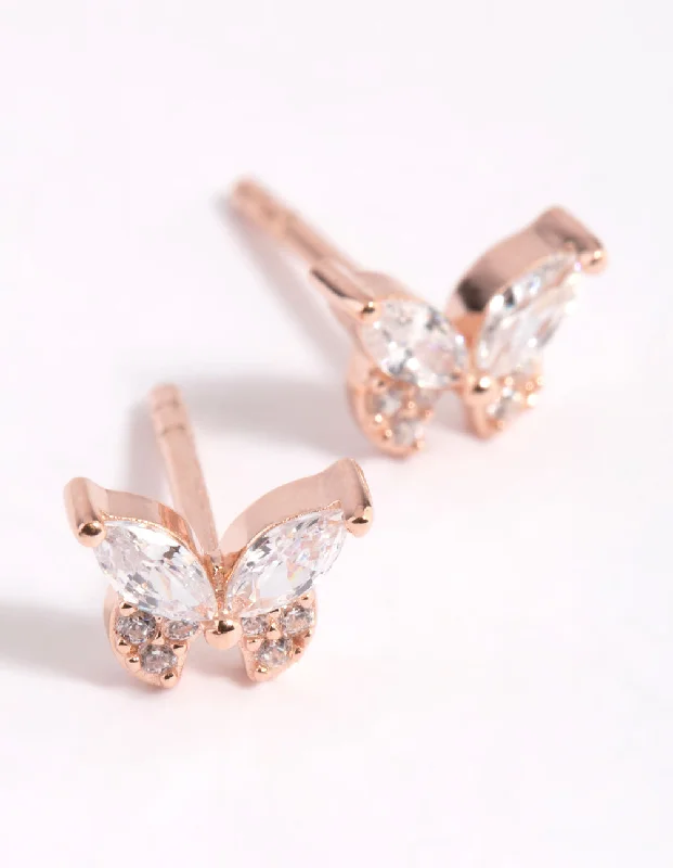 Rose Gold Plated Sterling Silver Cubic Zirconia Butterfly Stud Earrings