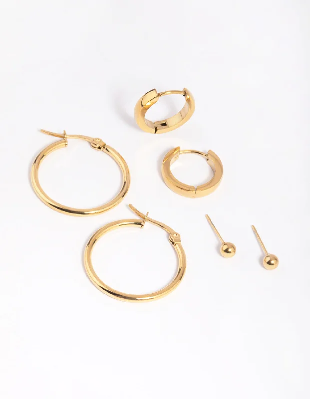 Waterproof Gold Plated Stainless Steel Ball Stud Earring Pack