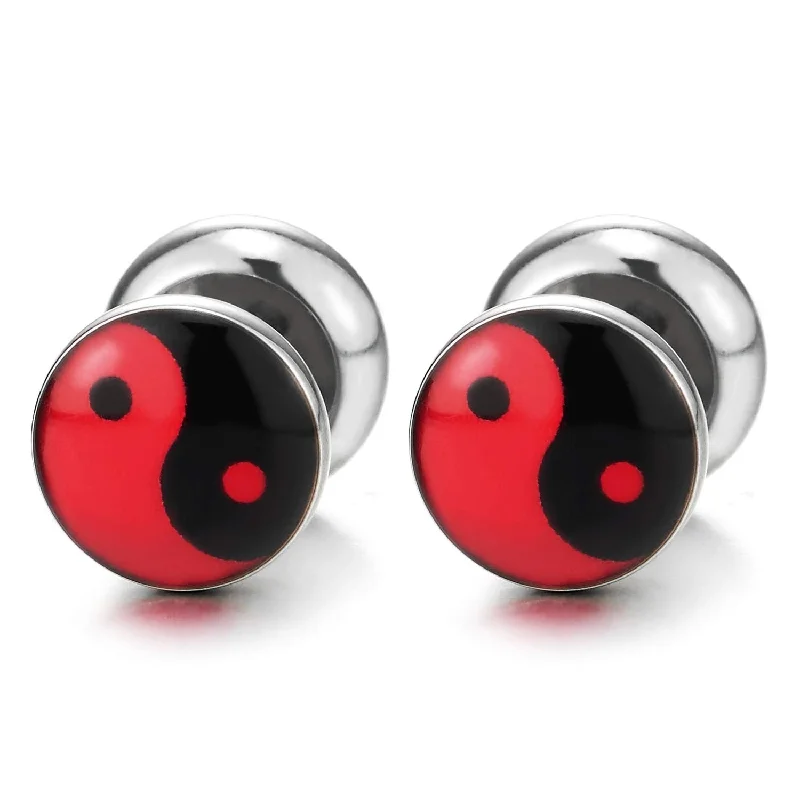 Red Black Yin-Yang Stud Earrings for Men Women, Steel Cheater Fake Ear Plugs Gauges Illusion Tunnel