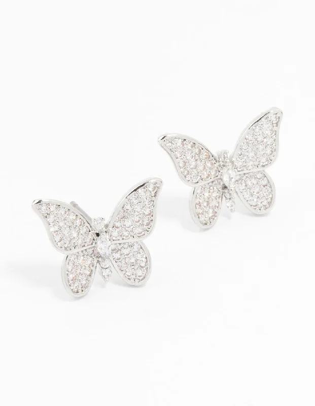 Rhodium Cubic Zirconia Butterfly Stud Earrings