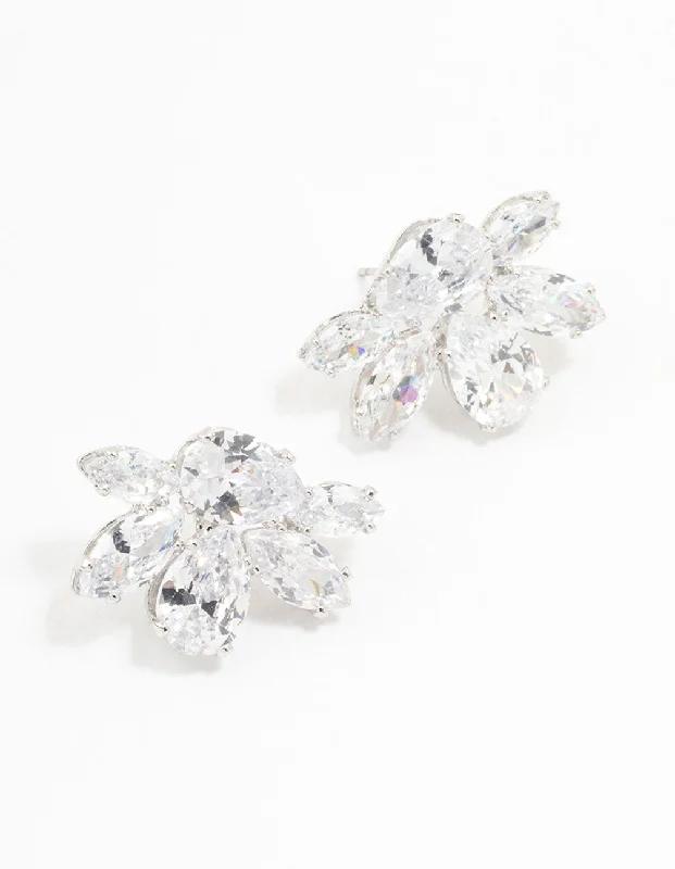 Rhodium Cubic Zirconia Cluster Teardrop Stud Earrings