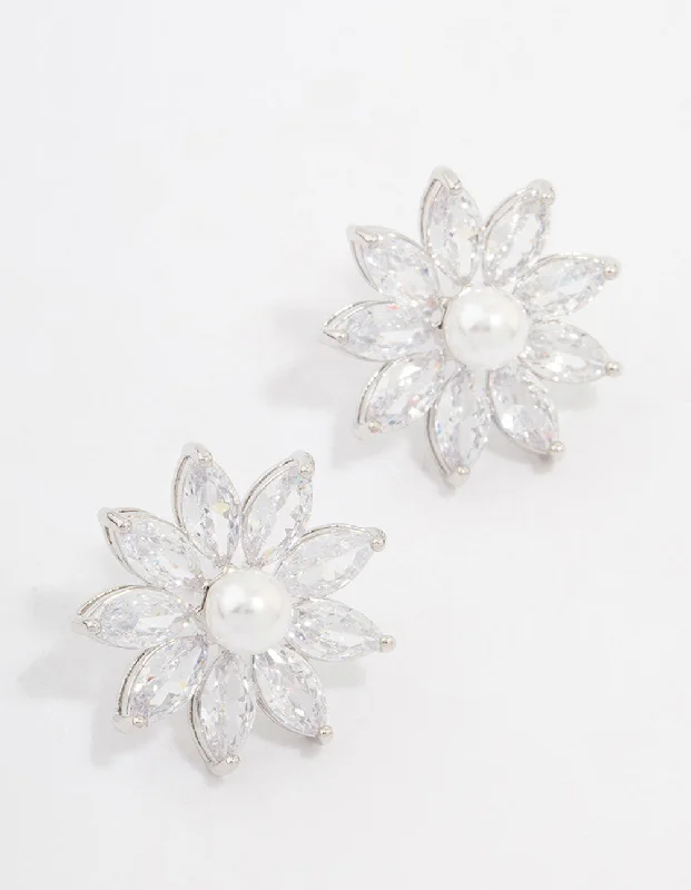 Rhodium Cubic Zirconia Flower & Pearl Stud Earrings