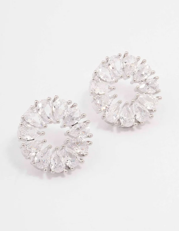 Rhodium Cubic Zirconia Pear Wreath Stud Earrings