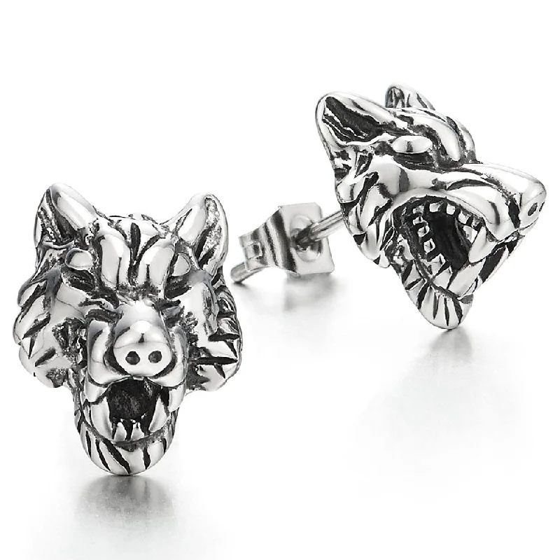 Rock Punk Mens Vintage Wolf Head Stud Earrings in Stainless Steel, 2 Pcs