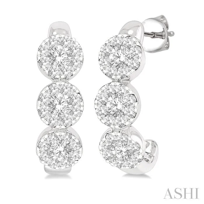 ROUND SHAPE 3 STONE LOVEBRIGHT DIAMOND HALF HOOP EARRINGS