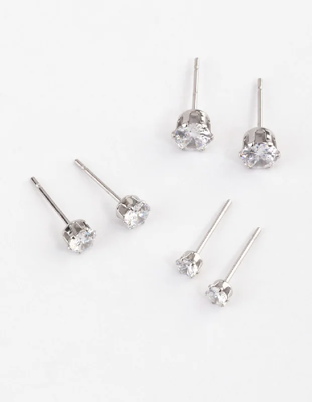 Waterproof Stainless Steel Cubic Zirconia Stud Earrings Pack