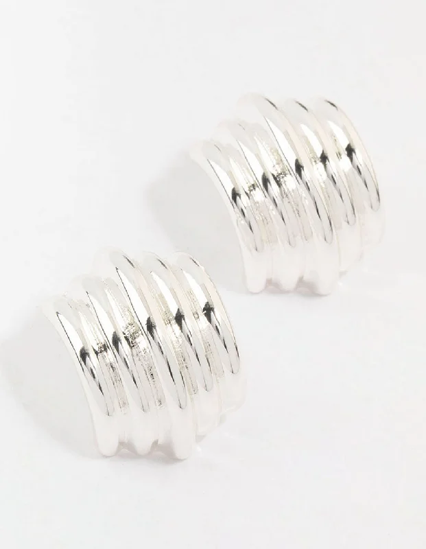 Silver Plated Ribbed Medium Stud Earrings