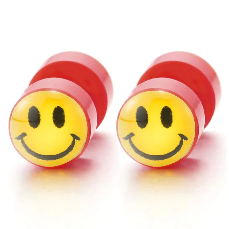 Smiling Face Circle Stud Earrings, Yellow Red, Steel Cheater Fake Ear Plugs Gauges Illusion Tunnel