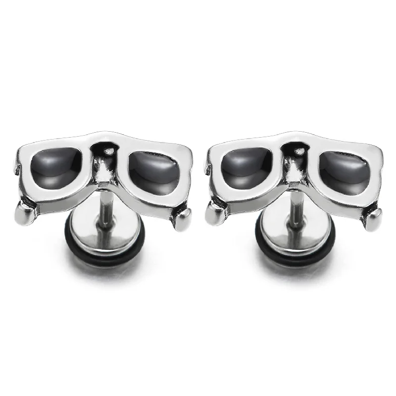 Stainless Steel Mens Womens Sunglasses Stud Earrings with Black Enamel, Screw Back, 2pcs