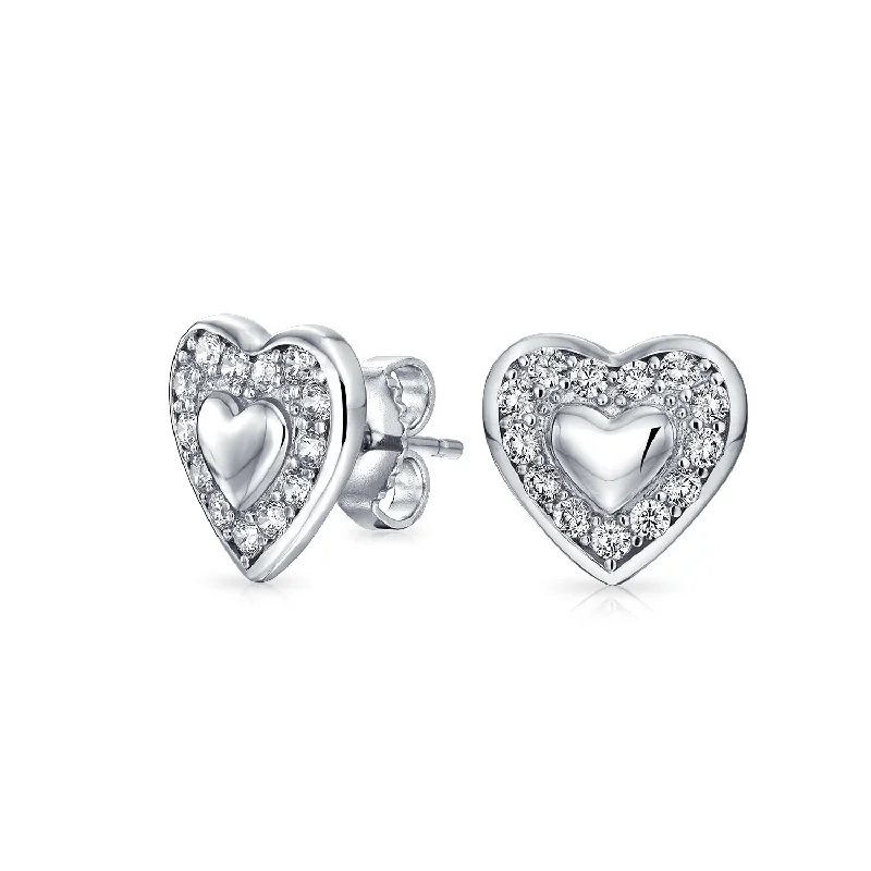 Tiny CZ Open Heart Stud Earrings in Sterling Silver for Girlfriend Gift