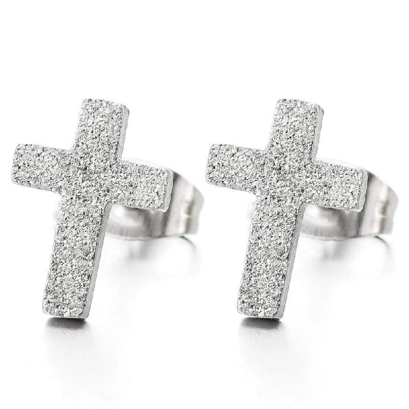 Unisex Mens Womens Satin Cross Stud Earrings of Stainless Steel, Biker, 2 Pcs