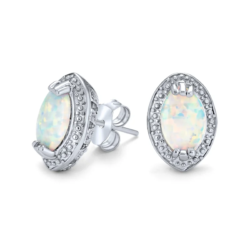 Victorian Style White Oval Opal Stud Earrings Sterling Silver Halo Birthstone