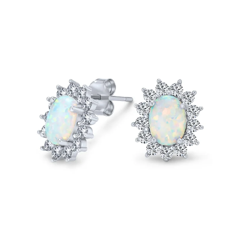 Vintage Estate Style Oval Opal Crown Halo CZ Stud Earrings Silver 12MM Birthstone