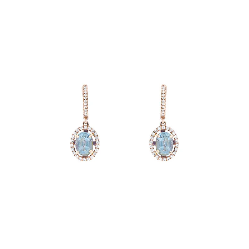 14 Karat Rose Gold Drop Earrings with Aquamarine and Diamonds