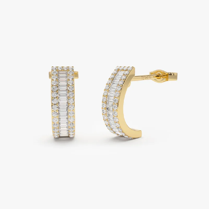 14K Baguette and Round Diamond Micro Pave Earrings