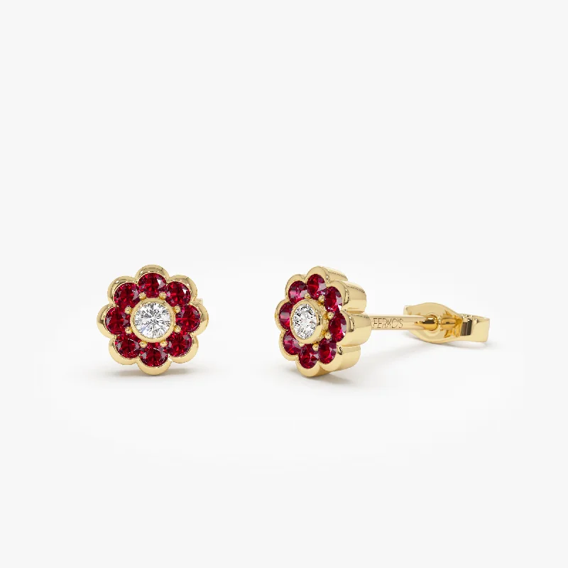 14K Bezel Setting Ruby Flower Diamond Studs