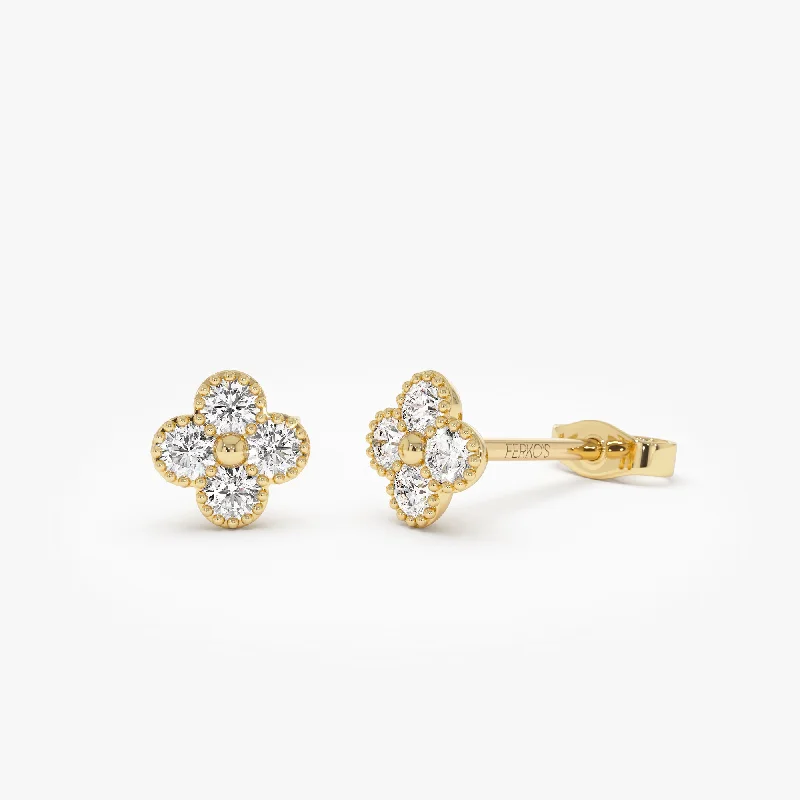 14k Diamond Clover Beaded Studs